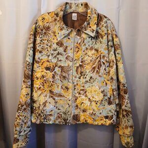 Nwt Floral Roses Twill Denim Full zip up Jacket Coat womens M Mint Brown Mustard